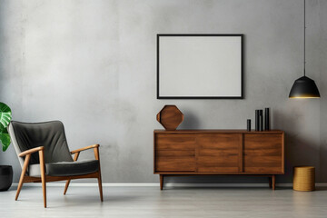 Contemporary living room featuring wooden cabinet, dresser, and mock-up poster frame against textured concrete backdrop.