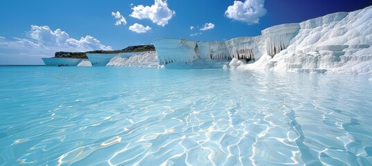 Tranquil baby blue thermal pools on white terraces in pamukkale, turkey, ideal for relaxation