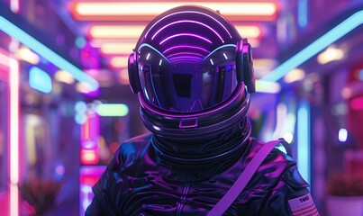 Neon-Glowing Cyberpunk Astronaut Generative AI - obrazy, fototapety, plakaty