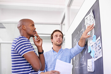 Fototapeta premium Business people, thinking and creative by chalkboard in office for storyboard drawing and animation illustration. Graphic design, employees and teamwork by blackboard with idea for cartoon project