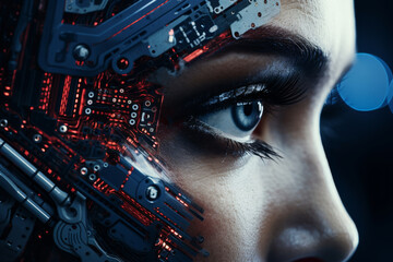 Close up of woman s eye with digital data laser technology network in futuristic setting