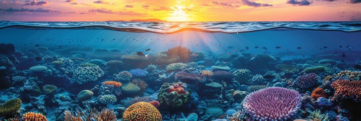 Split view sunset over great barrier reef coral ecosystem in queensland, australia - obrazy, fototapety, plakaty