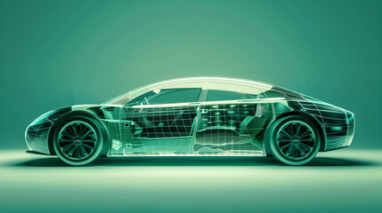 An electric car with a sleek design, visible through a semi - transparent overlay of digital circuitry, against a vibrant green background.
