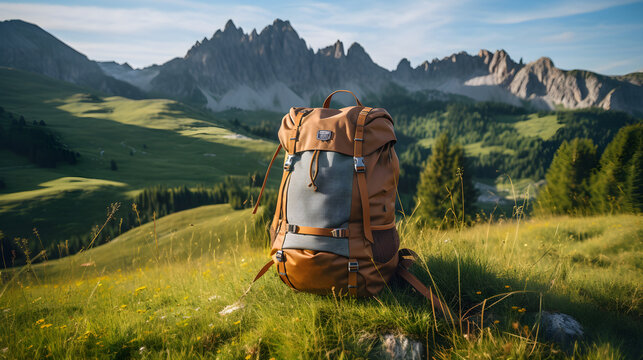 Tourist backpack on the background of mountains. Travel and tourism concept