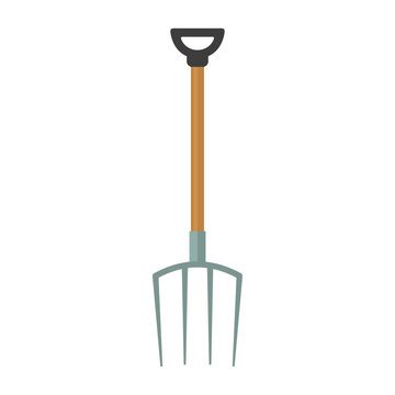 Gardening pitchfork with wooden handle flat vector illustration
