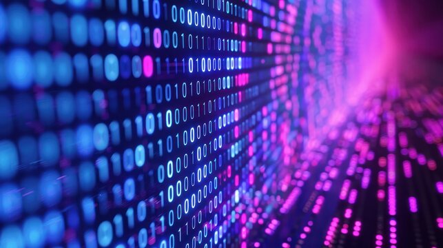 binary code background, blue and purple color streaming bytes of binary code 