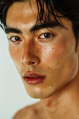 Fototapeta na wymiar An Asian male model with a glistening complexion looks intently towards the camera. Drops of sweat are visible on his skin