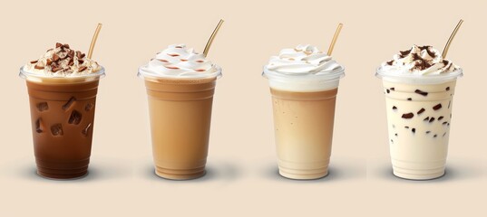 Isolated food photography of iced coffee in plastic cups with straws for vibrant visual content