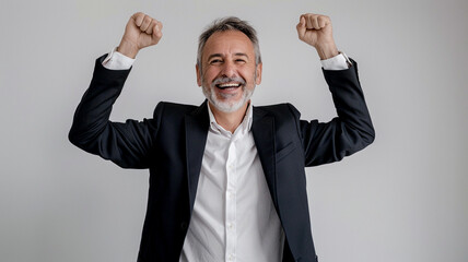 Mature businessman in a business suit with hands raised in happiness on a white background. - 758761145