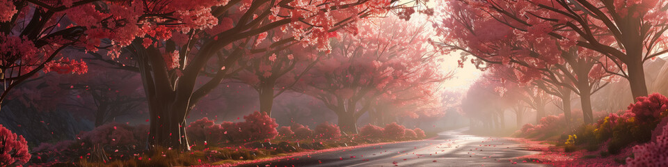 Banner Blooming vibrant pink sakura trees in a garden park. Spring time concept. Winding pathway through a tranquil Japanese garden with cherry blossoms in bloom.