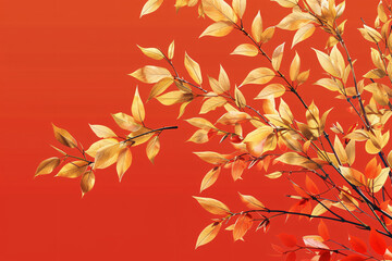 Golden leaves illustration on red background, simple luxury concept illustration