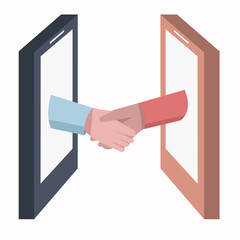 smartphone concept business deal putting out hands and shaking. suitable for business concepts. online, deal, business, office, boss. flat vector illustration.