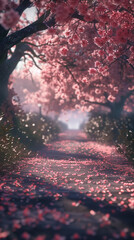 Blooming vibrant pink sakura trees in a garden park. Spring time concept. Winding pathway through a tranquil Japanese garden with cherry blossoms in bloom. Vertical Banner