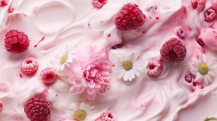 Obraz na płótnie Canvas fabulous world with yogurt lakes, raspberry and strawberry, Raspberry and cream