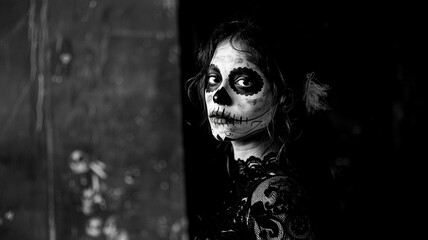 Sugar skull makeup. Halloween party, traditional Mexican carnival. - 758761556