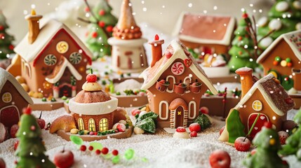 nice and cute caramel village, all the houses are made of cookies, berries like trees, village of sweet products