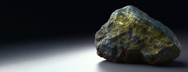 Idrialite is rare precious natural stone on black background. AI generated. Header banner mockup with space.