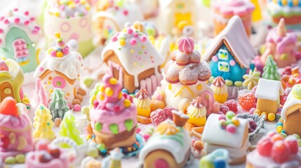 nice and cute caramel village, all the houses are made of cookies, berries like trees, village of sweet products
