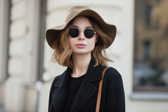 Young beautiful pretty and attractive woman wearing a hat and sunglasses on a city street, Closeup portrait of woman