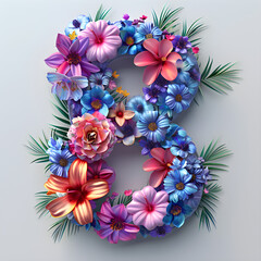 Glossy number eight made of realistic flowers and abstract florals, perfect for International Women's Day greeting cards, posters, and invitations.