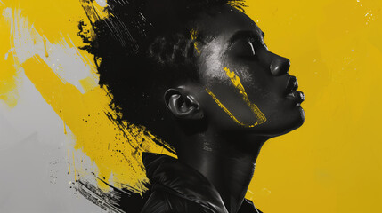 Profile view of a person with dramatic black and yellow paint strokes on their face and background.