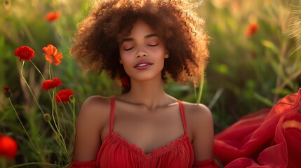 Naklejka premium laughing and having fun and dancing girl in ruby red dress on red flowers background