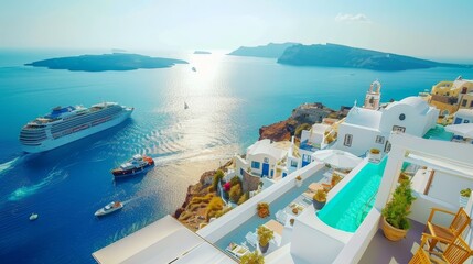 Santorini greece  fira and oia towns overlooking cliffs, beaches, and islands panorama - obrazy, fototapety, plakaty