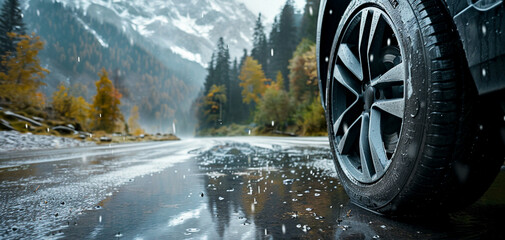 Road trip on a rainy day in beautiful mountains by car - 758762365