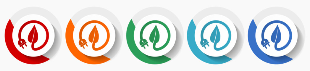 Renewable, green energy, electricity, leaf vector icon set, flat icons for logo design, webdesign and mobile applications, colorful round buttons