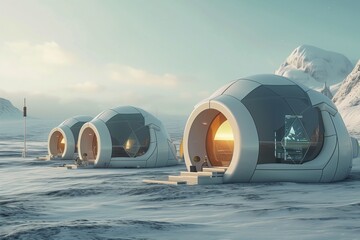 Canadian igloos reimagined with smart technology and futuristic aesthetics, creating a harmonious blend of tradition and innovation. - obrazy, fototapety, plakaty