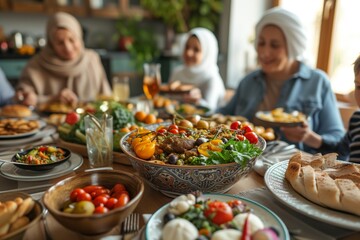 A warm and inviting family scene around a table laden with traditional Ramadan dishes