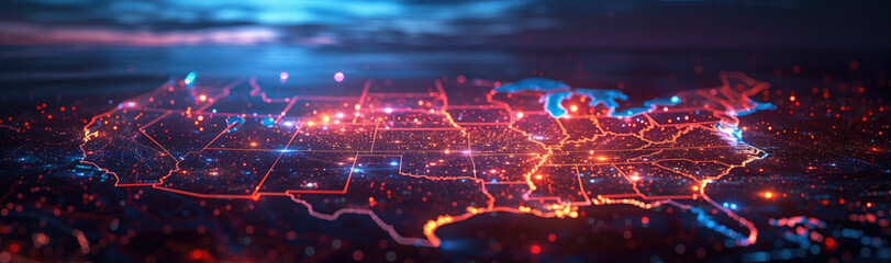 A glowing aerial view of city lights and digital network connections over an urban landscape at night.
