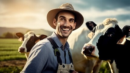 Male farmer with cows standing in cowshed - 758762745