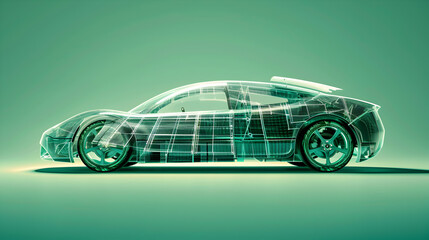 Naklejka premium An electric car with a sleek design, visible through a semi - transparent overlay of digital circuitry, against a vibrant green background.