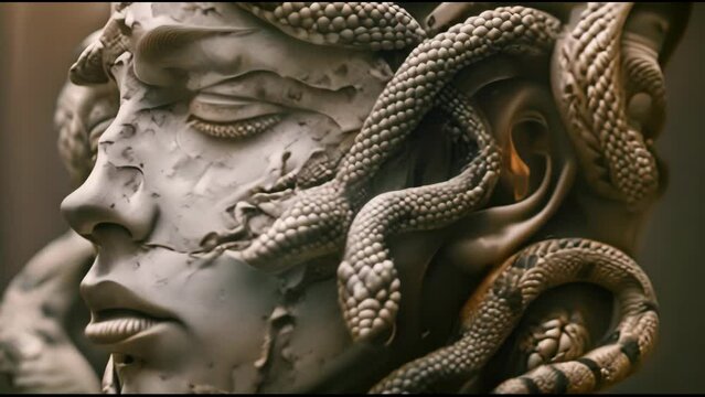 Medusa Gorgon, a stone-headed monster with a woman's face and snakes instead of hair