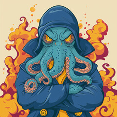 Fototapeta premium Urban Octopus: A Vibrant Illustration of a Hooded Octopus Amidst Fiery Abstract Art - Perfect for Wall Decor, Apparel Design, and Digital Art Projects