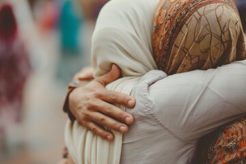 Imagine two people embracing, symbolizing the act of seeking and granting forgiveness, Ramadan