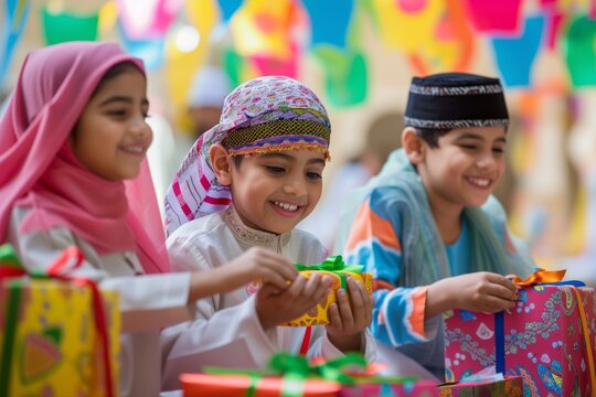 Depict children excitedly opening Eid gifts, surrounded by colorful decorations Ramadan
