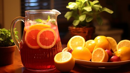 Homemade red wine sangria, orange juice filled with ice in pitcher  - obrazy, fototapety, plakaty
