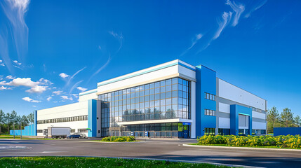 Fototapeta na wymiar Corporate Office Building Exterior, Modern Architecture with Blue Sky, Industrial and Business Environment