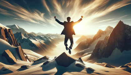 Businessman in suit joyously jumps at frozen mountain summit, arms raised against sunlit sky, symbolizing triumph and liberation. AI Generated.