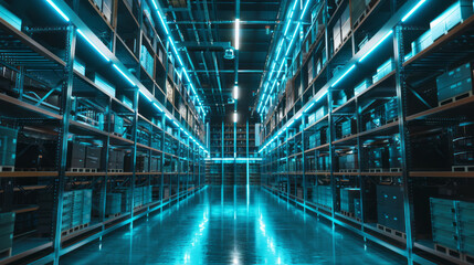 Futuristic storage of boxes inside an automated industrial warehouse