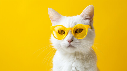 A white cat wearing yellow glasses on a yellow background.