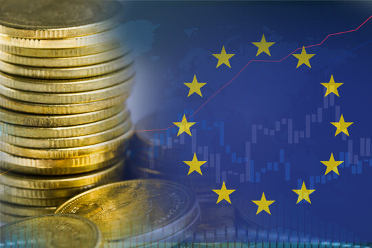 Stock market investment trading financial, coin and EU flag or Forex for analyze profit finance business trend data background.
