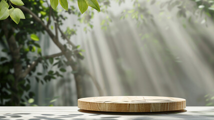 Wooden product display podium with a white background set in nature, casting a natural shadow. - 758763901