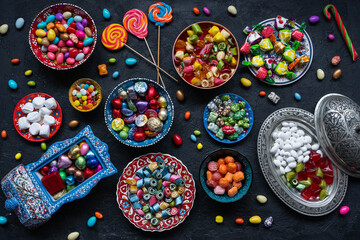 Colorful Ramadan Eid Candy and Chocolate, Traditional Ottoman Cuisine Desserts Photo, Üsküdar Istanbul, Turkiye - obrazy, fototapety, plakaty