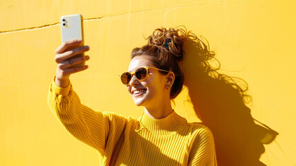 A woman taking a selfie against a vibrant yellow background. -  capturing a moment of joy and spontaneity. - 758763915
