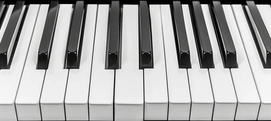Monochrome close up of black and white piano keyboard, musical instrument in grayscale tones