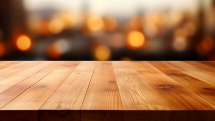 Wooden table on blurred city background. - 758763961