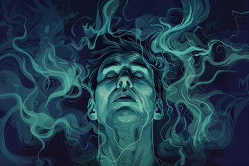 Fototapeta premium Front view. Young schizophrenic man with psychological disorder suffering from depression, stress and anxiety